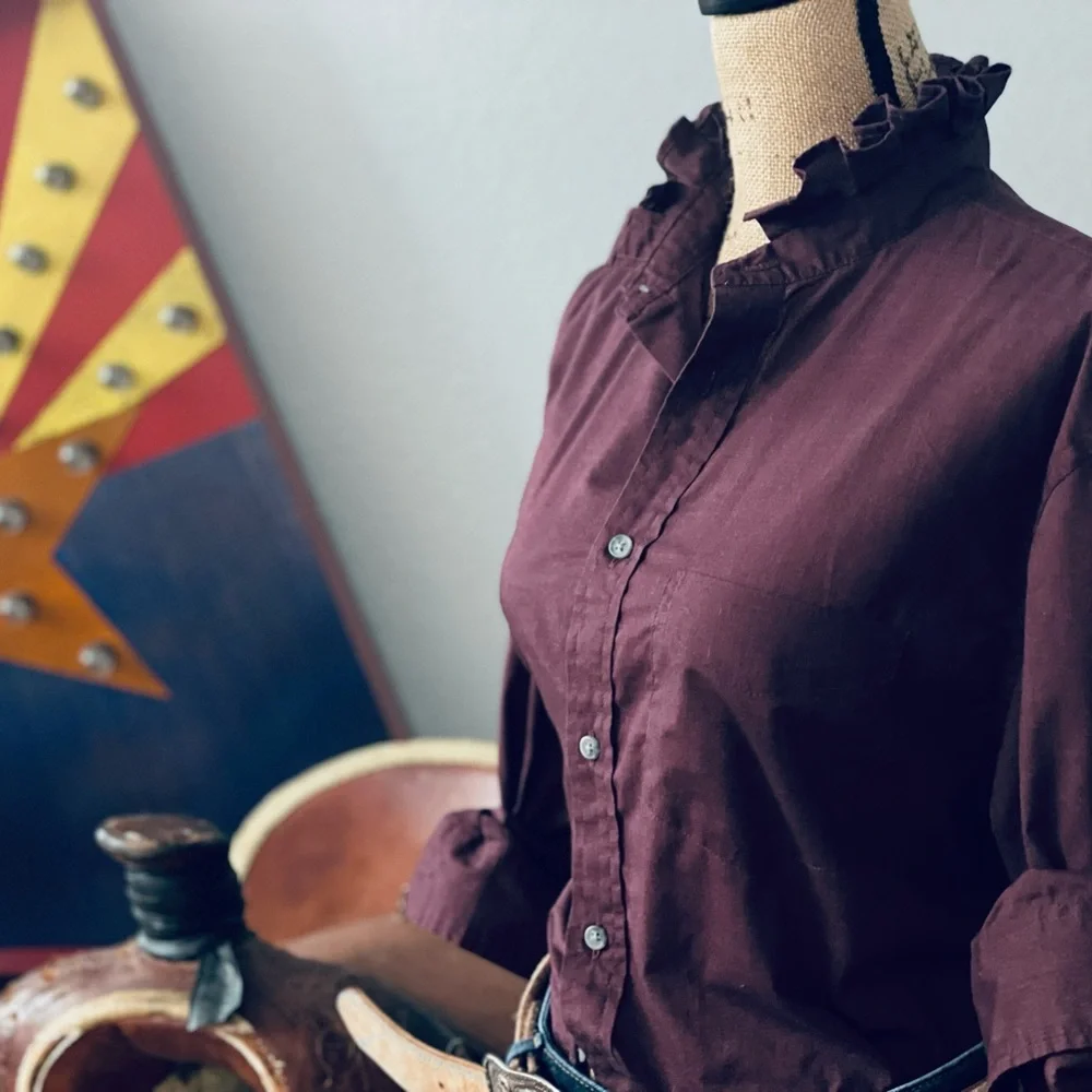 Redid, Redone and Reworked Mens to Ladies Maroon Ruffle Collar Long Sleeve Shirt - Picture 4 of 8